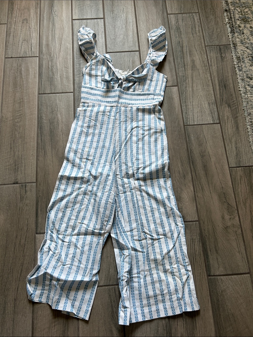BCBGeneration Blue and White Striped Ruffled Strap Jumpsuit